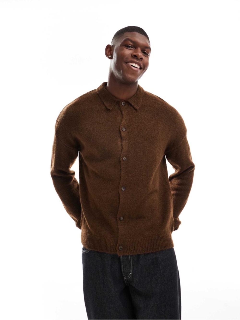 ASOS DESIGN relaxed knitted collar cardigan in brown